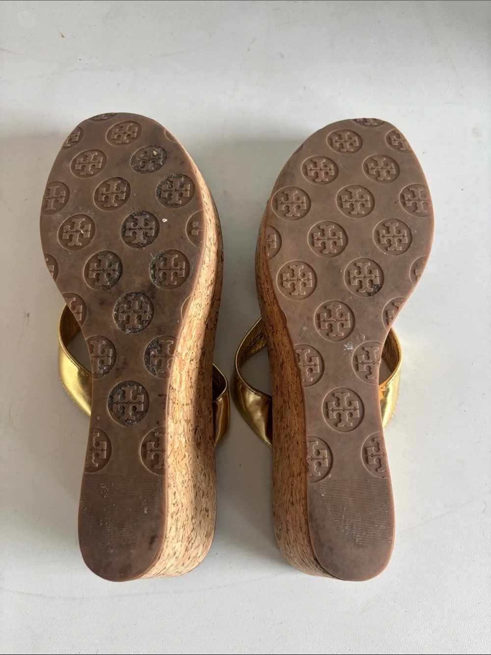 Tory Burch Thora Metallic Gold Leather Cork Wedge Thong Sandals